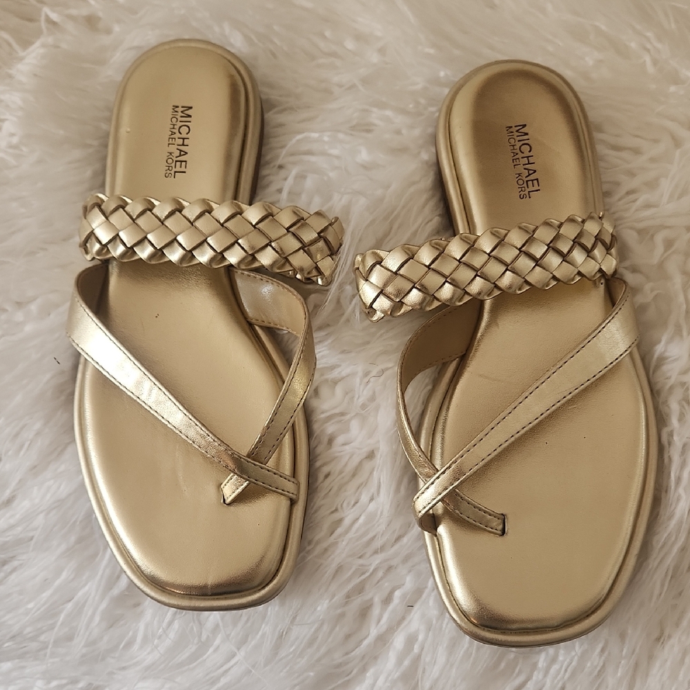 Michael Kors Alba Braided Metallic Gold Thong Slide Sandals - Size 7
